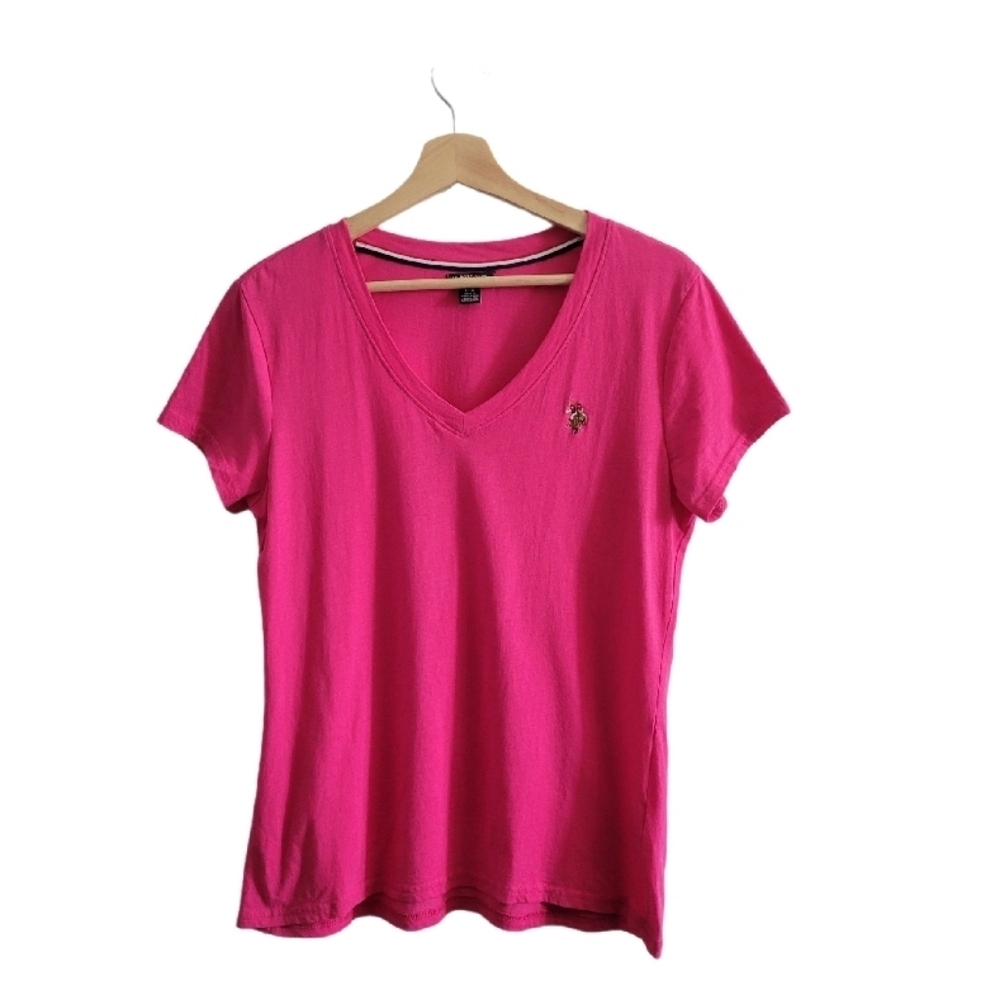🎈U.S. POLO ASSN Pink V-Neck Logo Tee Womens Size L